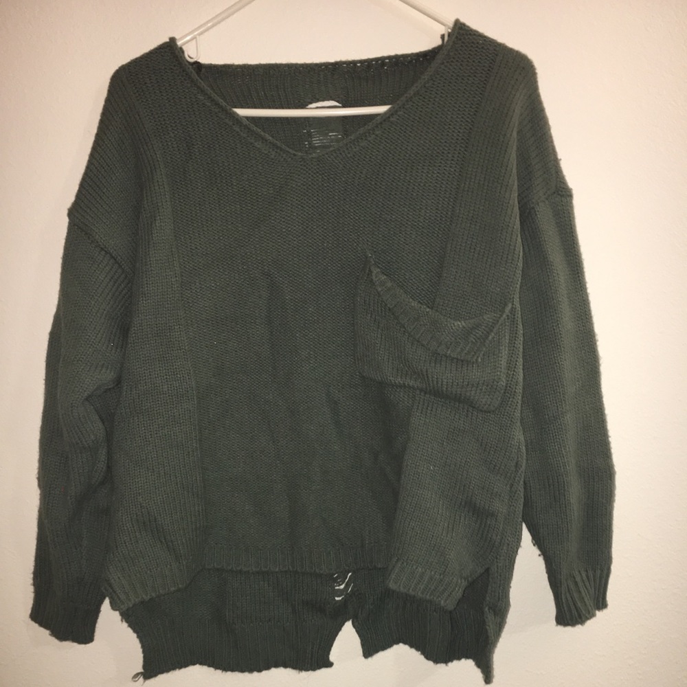 Pre-distressed olive green sweater